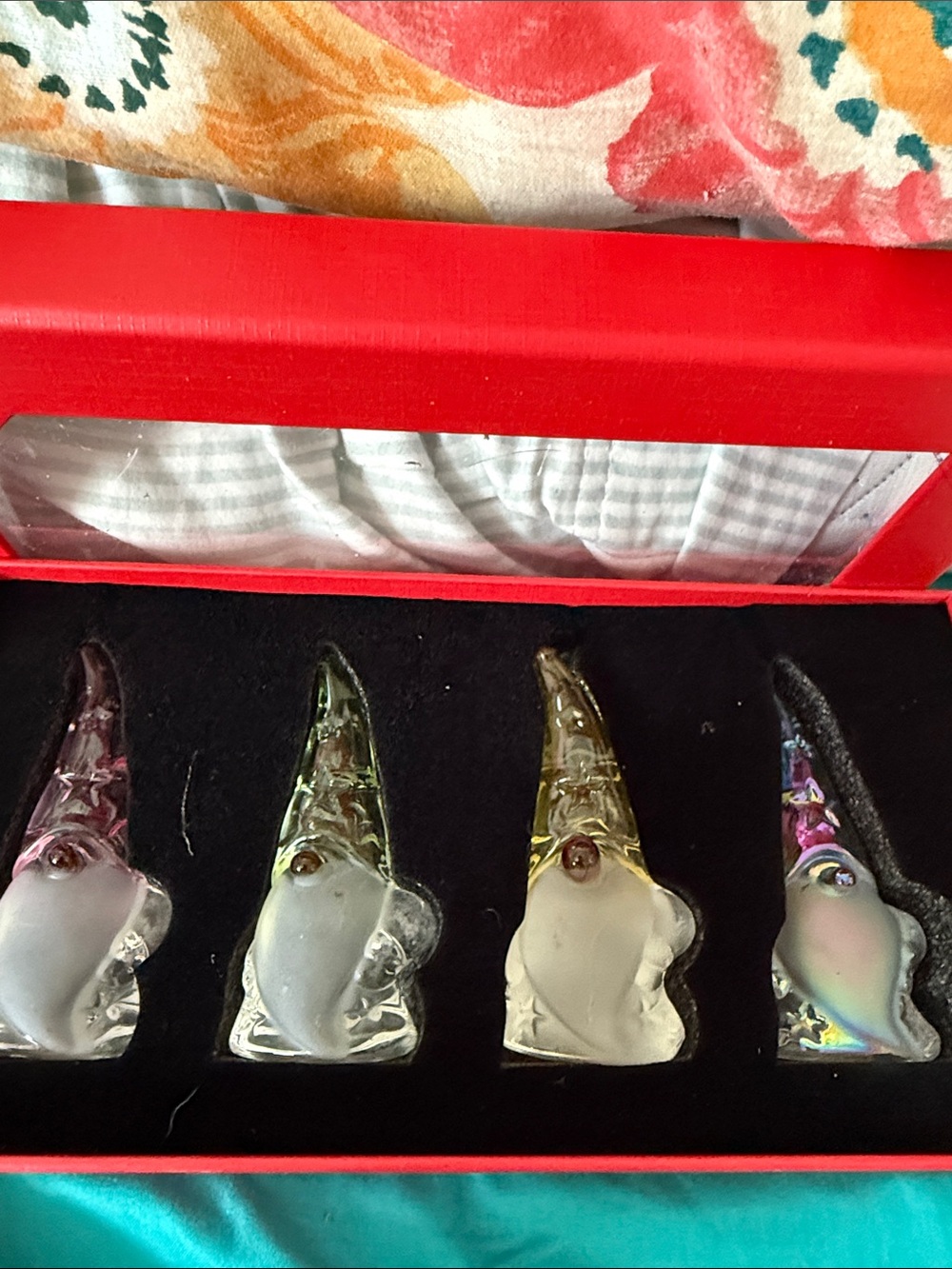 New in Gift/storage Set of 4 Glass Gnome Figurines purple, yellow, pink & green
